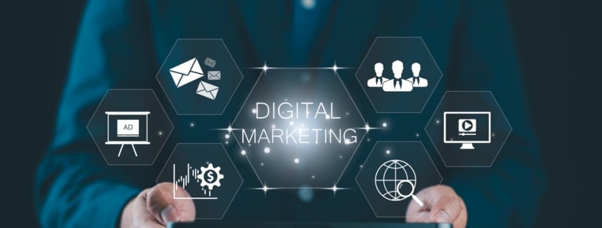 A professional holding a tablet with digital marketing icons and holographic elements, representing a branding and marketing agency's services.