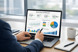 Digital marketing expert analyzing marketing dashboard